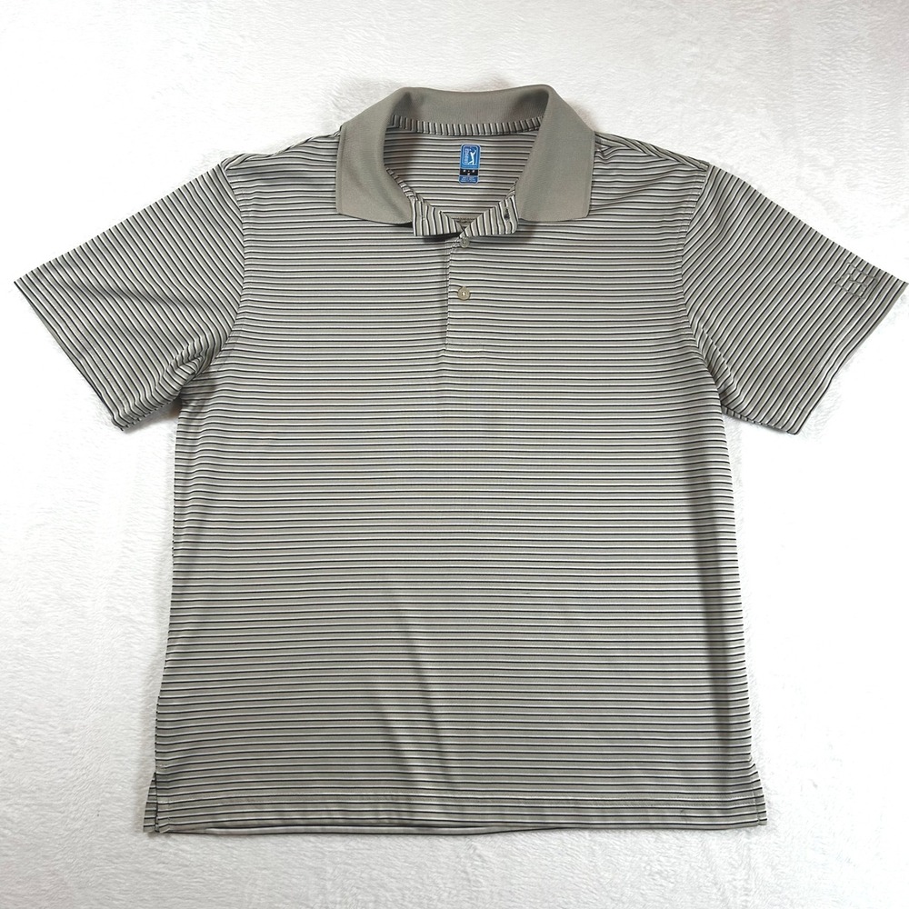 PGA Tour Striped Golf Polo Shirt Moisture Wicking Short Sleeve Mens Medium EUC‎